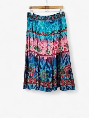 Vintage Moka Sport Batik Dyed Beaded Sequined Elephant Boho Cotton Midi Skirt L